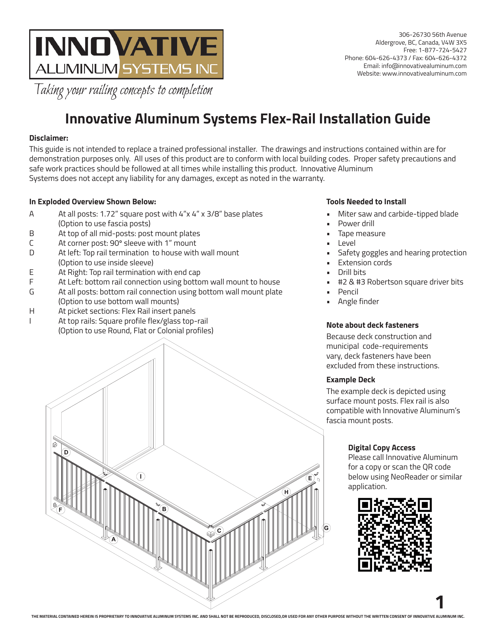 Exploded diagram of Innovative Aluminum Flex-Rail system showing snap-in panel design with labeled components