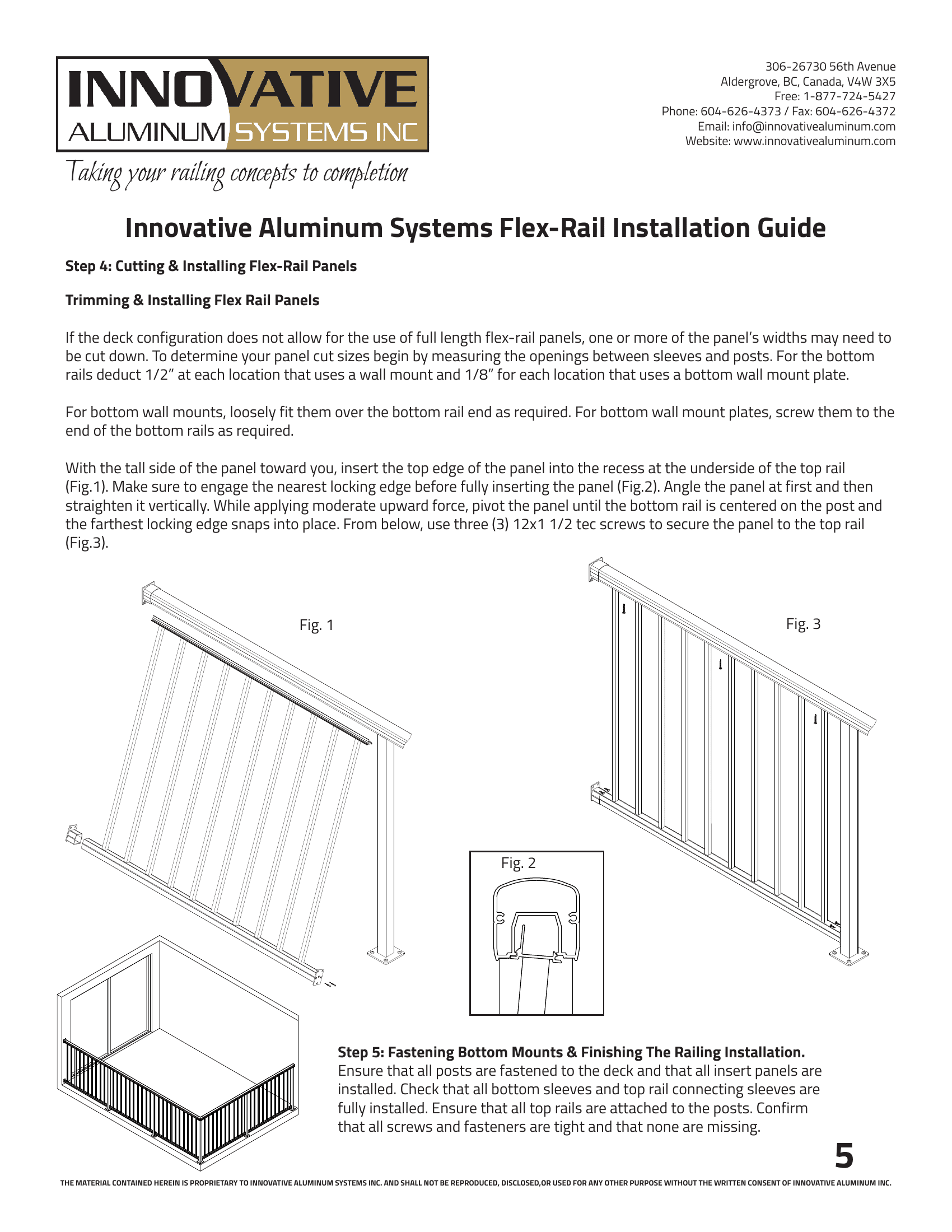 Diagram showing Flex-Rail panel installation into top rail locking channel with detail of snap-in mechanism