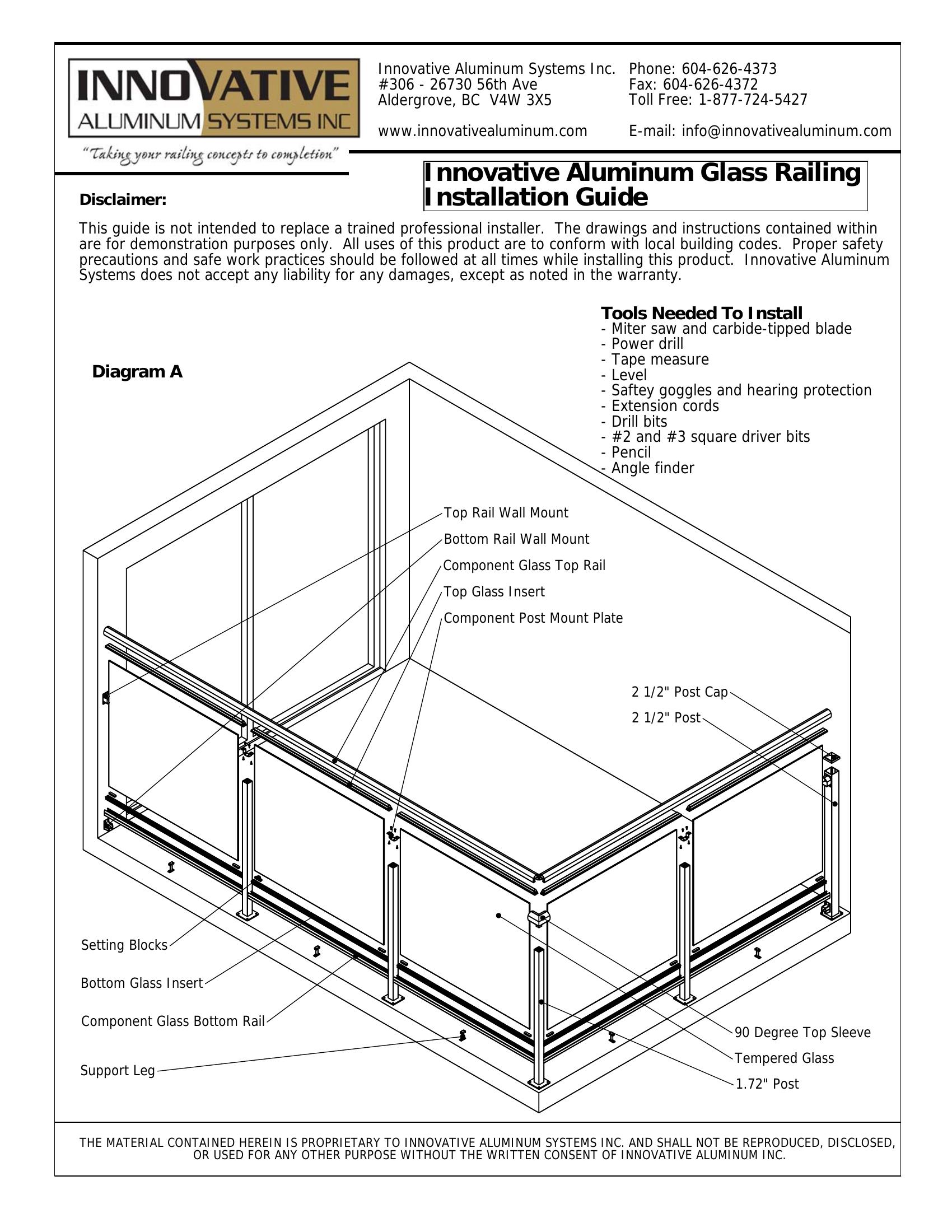 Labeled diagram showing all parts of an aluminum glass deck railing system including posts, top rail, bottom rail, glass inserts, setting blocks, support leg, post mount plate, and wall mounts