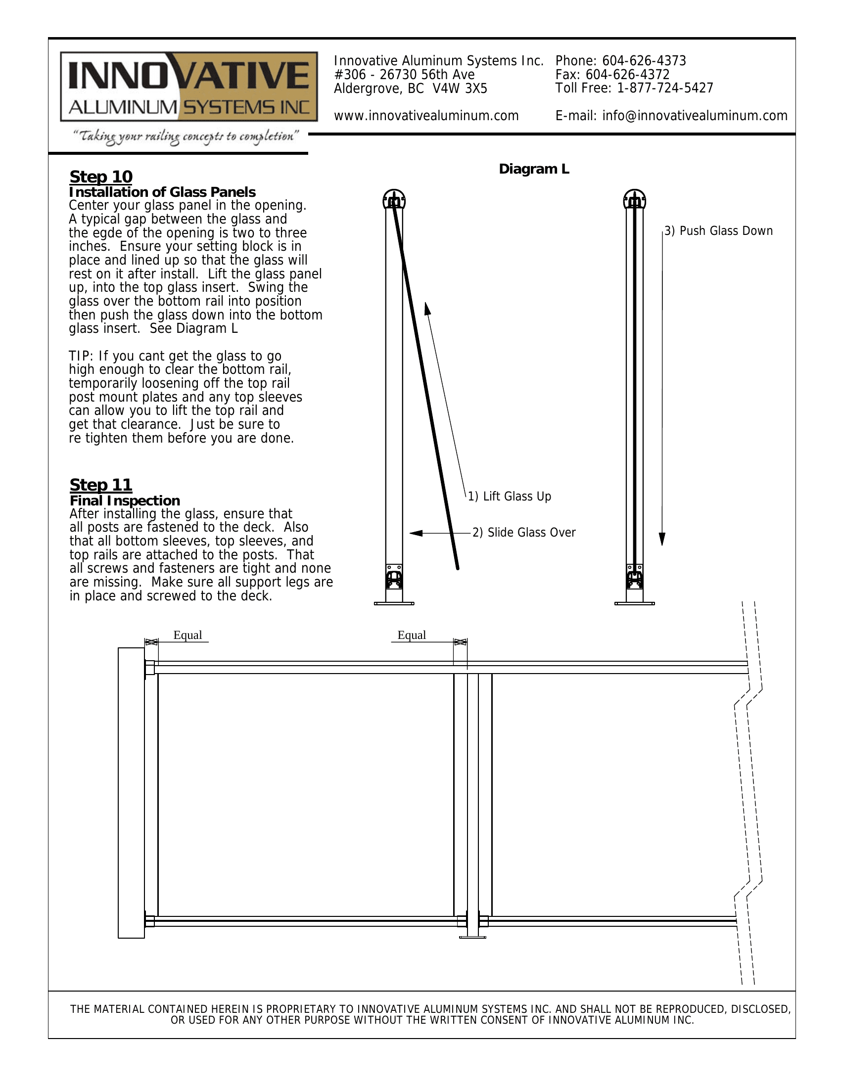 Diagram showing how to install tempered glass panels into aluminum glass component railing — lift up, slide over, push down