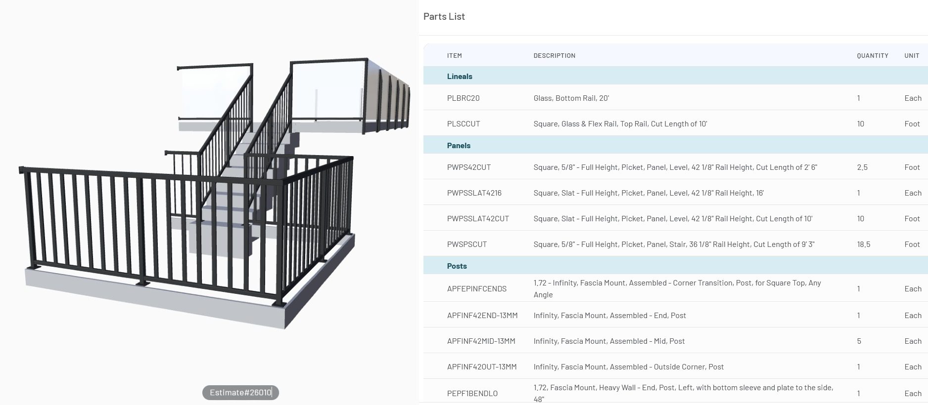 Innovative Aluminum Online Railing Designer showing 3D deck railing preview with parts list and pricing