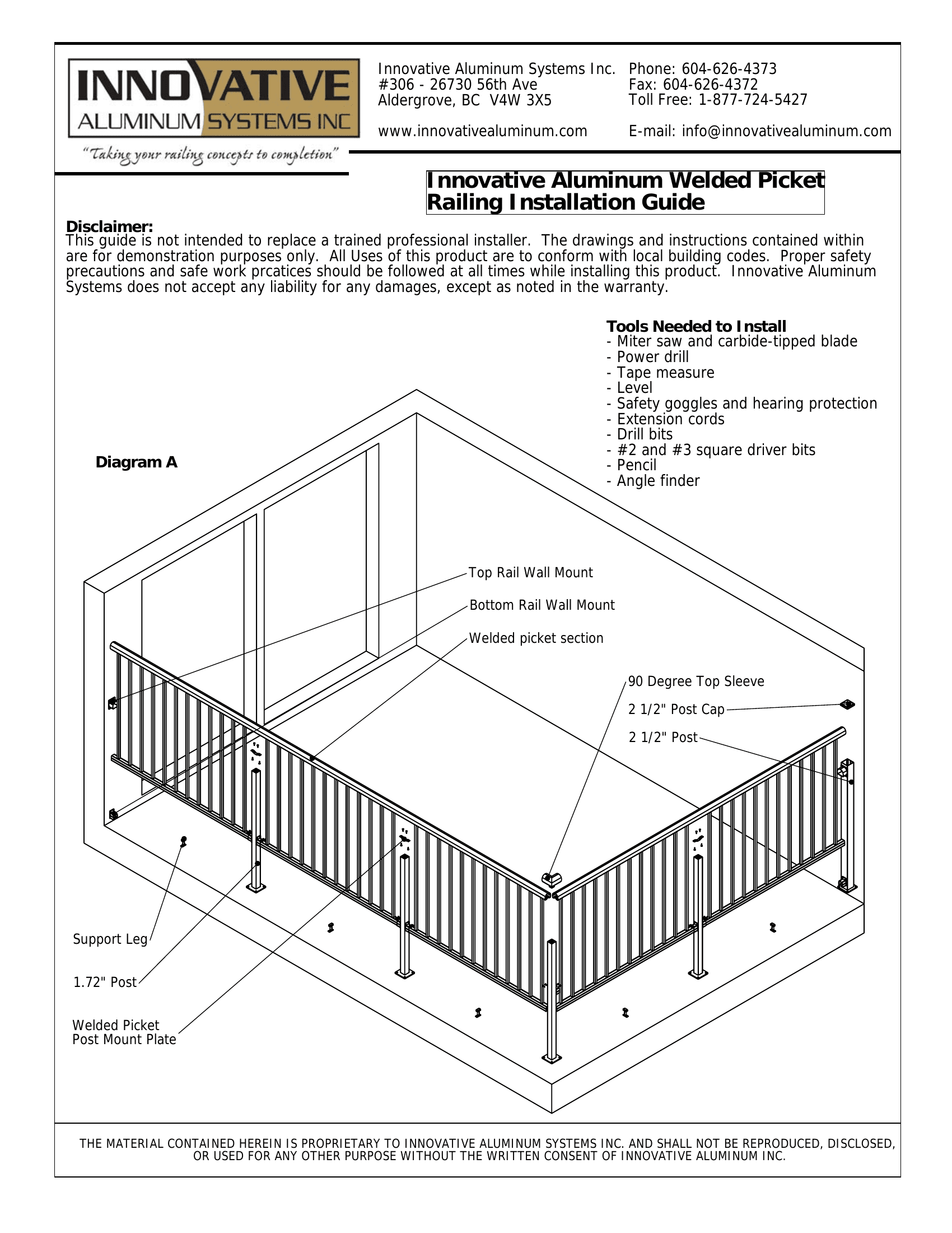 Exploded diagram of aluminum welded picket railing system showing all components — posts, rails, mount plates, sleeves, and welded picket panel