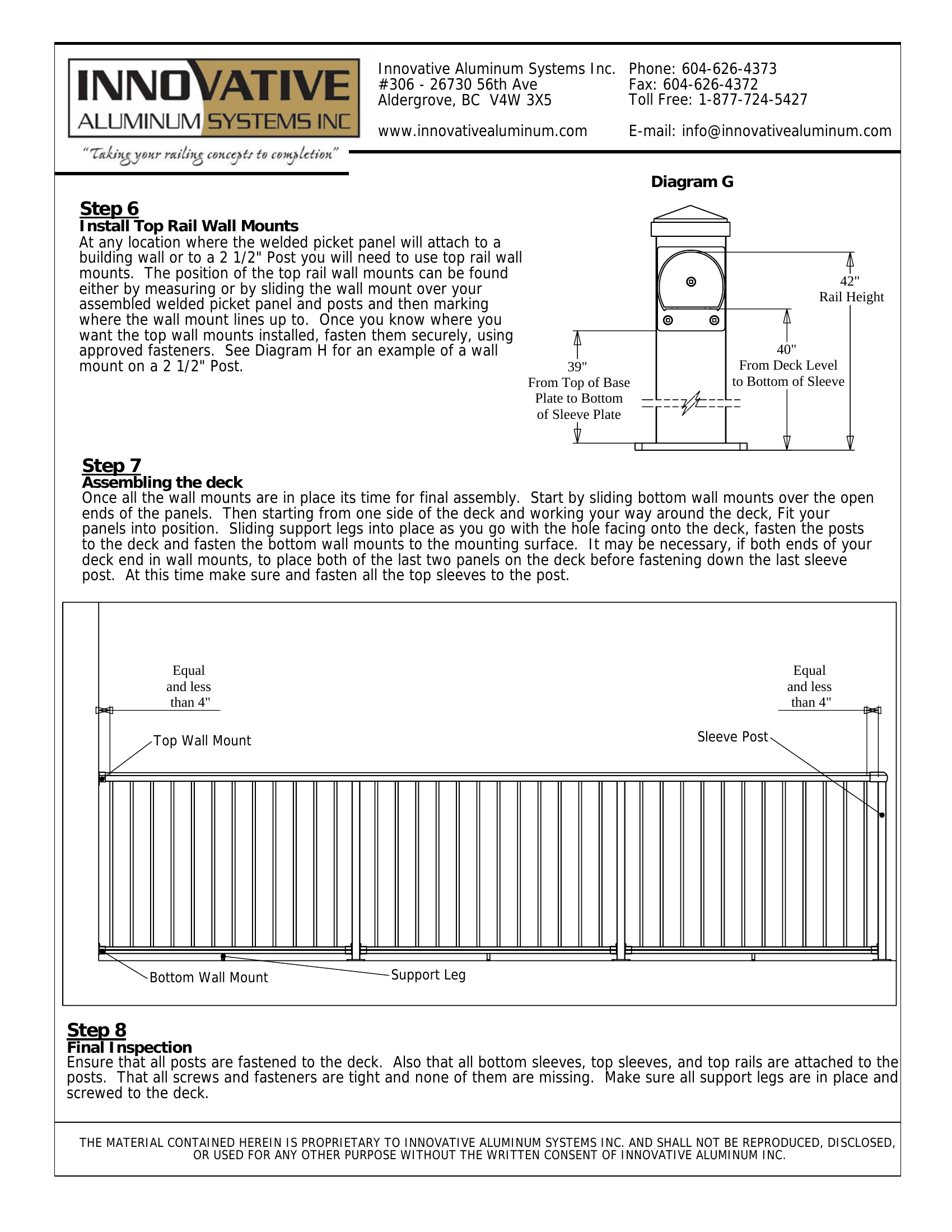 Diagram showing completed welded picket aluminum deck railing assembly with post spacing, support legs, and wall mounts