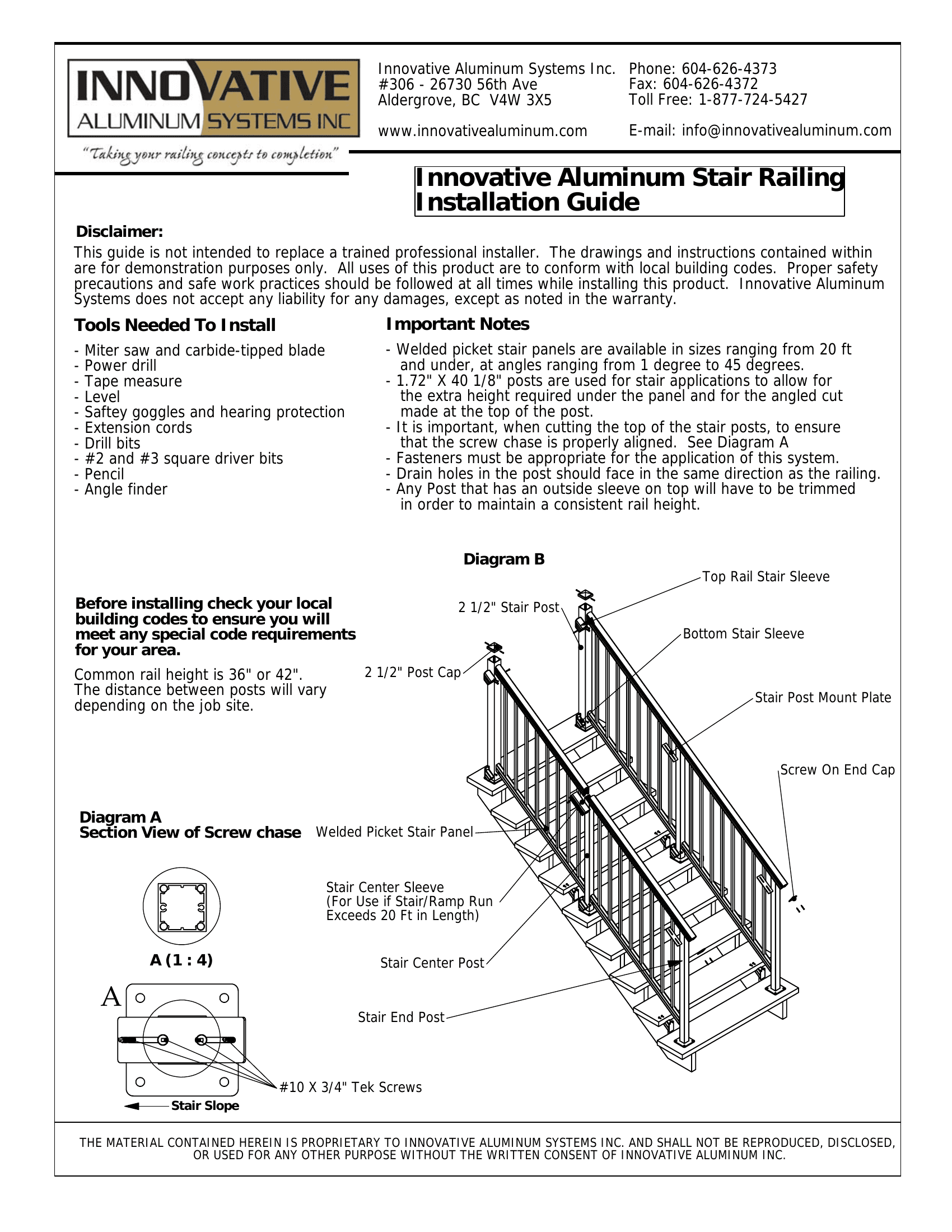 Exploded diagram of aluminum welded picket stair railing system showing stair posts, welded picket stair panel, mount plates, and sleeves