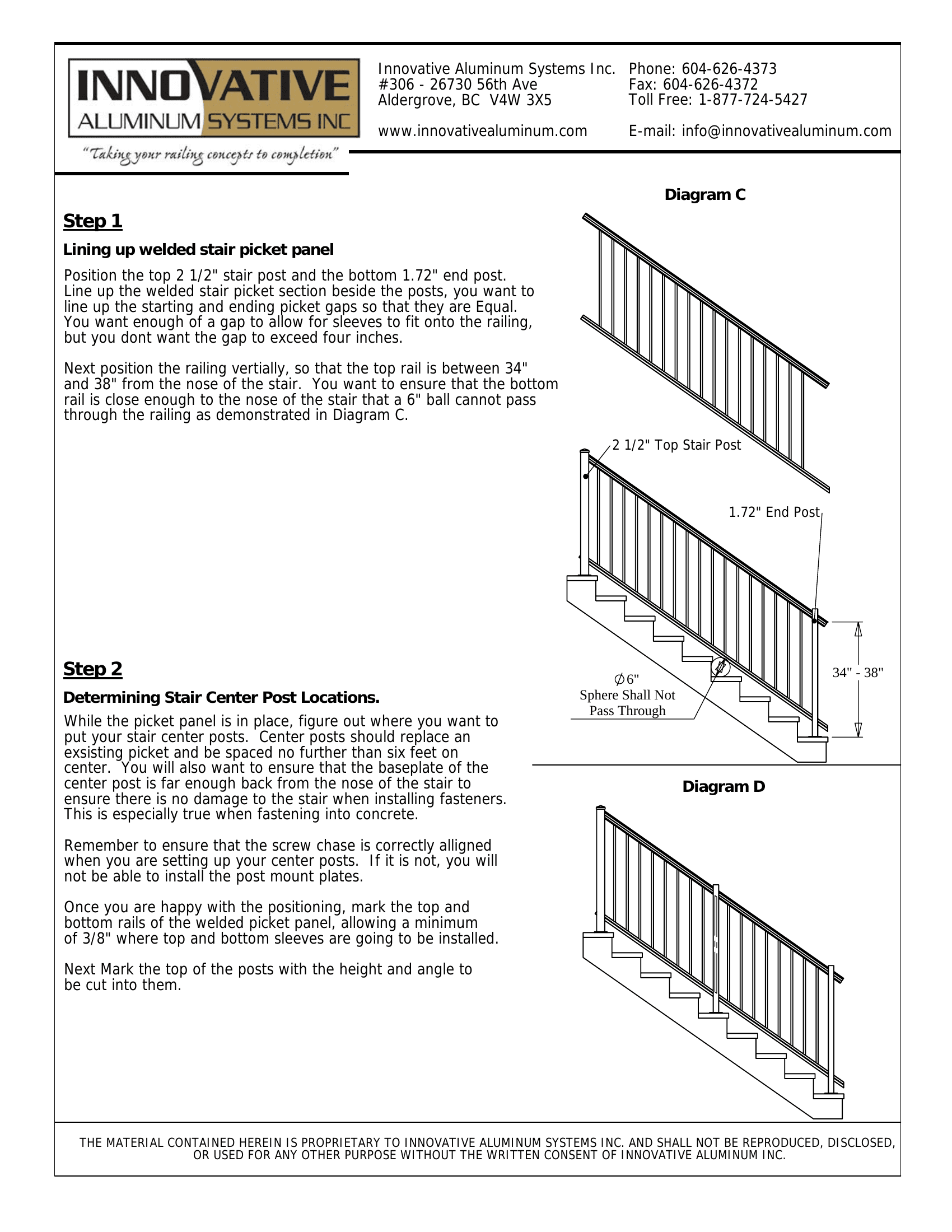 Deck stair railing building code diagram showing 34 to 38 inch height requirement from stair nosing and 6-inch sphere rule at bottom rail