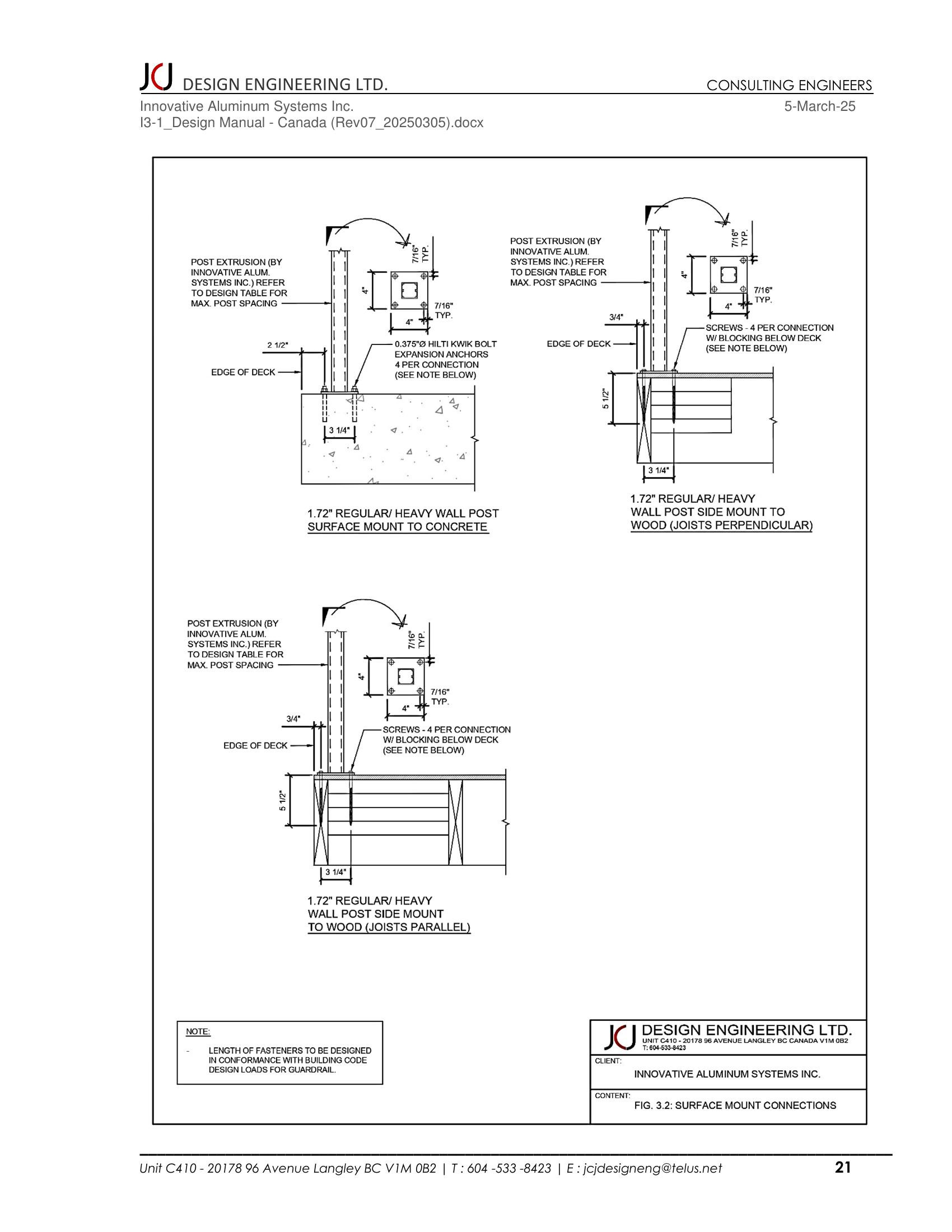 Surface mount railing post connection details showing mounting to concrete with expansion anchors and mounting to wood with blocking below deck